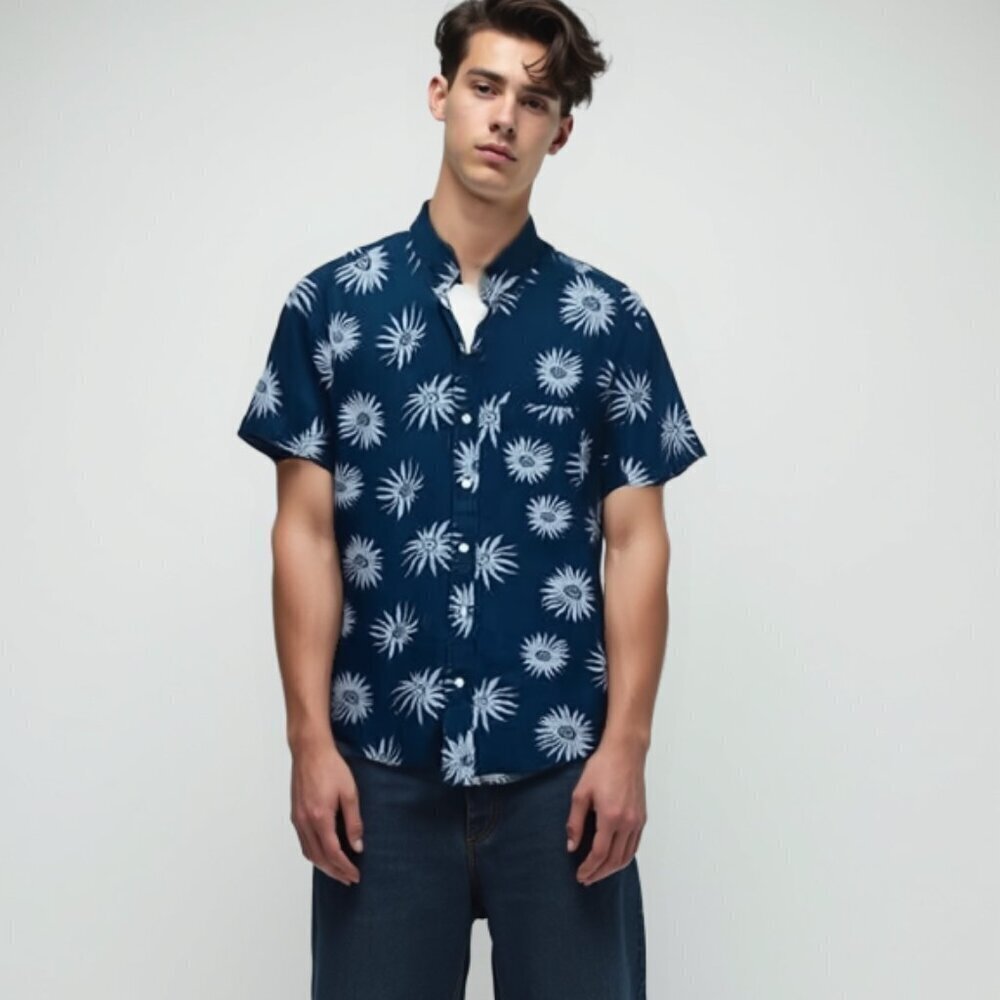 Old Navy Navy Blue Floral Sunburst Button Shirt Men's M Summer Vacation Prep❤️